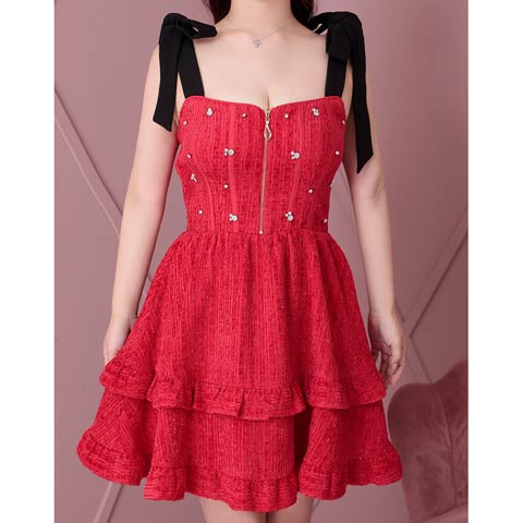 10/10新作!【ポイント20倍】[an]ショルダーリボンビジュージッパーフリルAラインミニ丈キャバドレス[AOC-3983](ブラックXレッド-Sサイズ)