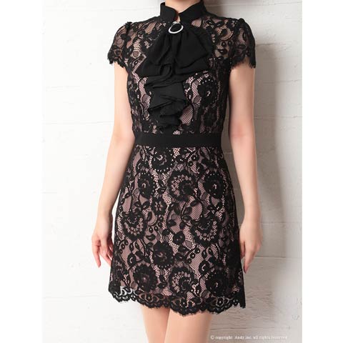 10/13新作![Andy]フラワーレースネックリボンフリルタイトミニ丈キャバドレス[AN-OK2658](ブラック×ベージュ-Sサイズ)