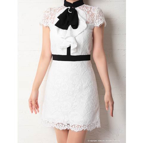 10/13新作![Andy]フラワーレースネックリボンフリルタイトミニ丈キャバドレス[AN-OK2658](ホワイト×ブラック-Sサイズ)