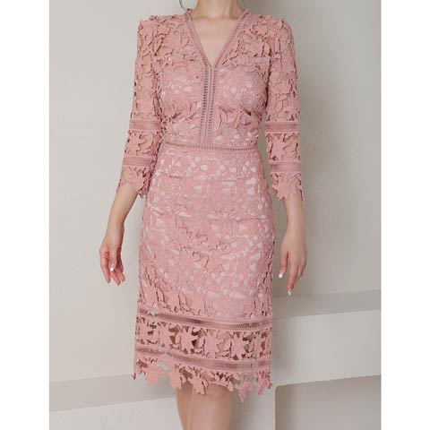10/13新作![Andy]Vネックオールケミカルレースタイトミニ丈キャバドレス[AN-OK2791](ピンクベージュ-Sサイズ)