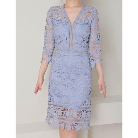 10/13新作![Andy]Vネックオールケミカルレースタイトミニ丈キャバドレス[AN-OK2791](ブルー-Sサイズ)