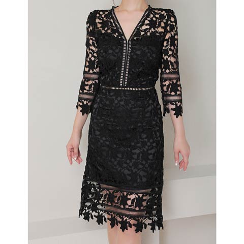 10/13新作![Andy]Vネックオールケミカルレースタイトミニ丈キャバドレス[AN-OK2791](ブラック-Sサイズ)