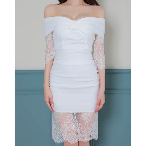 10/15新作!【ポイント20倍】[Andy]オフショルリボン シアーレースタイトミニ丈キャバドレス[AN-ON2847](ホワイト-Sサイズ)