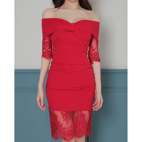 10/15新作!【ポイント20倍】[Andy]オフショルリボン シアーレースタイトミニ丈キャバドレス[AN-ON2847](レッド-Sサイズ)