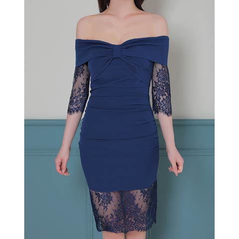 10/15新作!【ポイント20倍】[Andy]オフショルリボン シアーレースタイトミニ丈キャバドレス[AN-ON2847](ネイビー-Sサイズ)