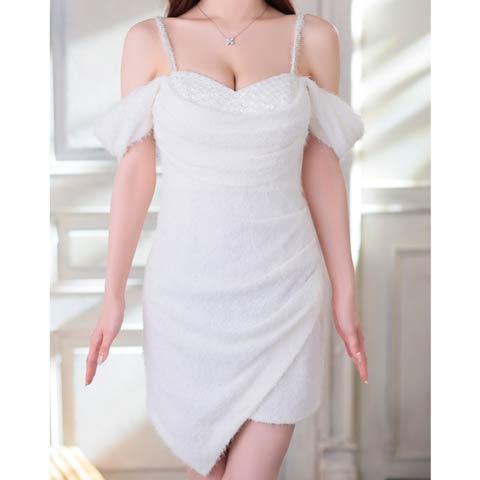 10/15新作!【ポイント20倍】[an]ドレープシャギーオフショルタイトミニ丈キャバドレス[AOC-3988](ホワイト-Sサイズ)