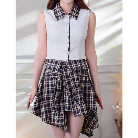 10/15新作!【ポイント20倍】[an]襟付きチェックフェイクスリーブAラインミニ丈セットアップキャバドレス[AOC-4003](ホワイト×ネイビー-XSサイズ)