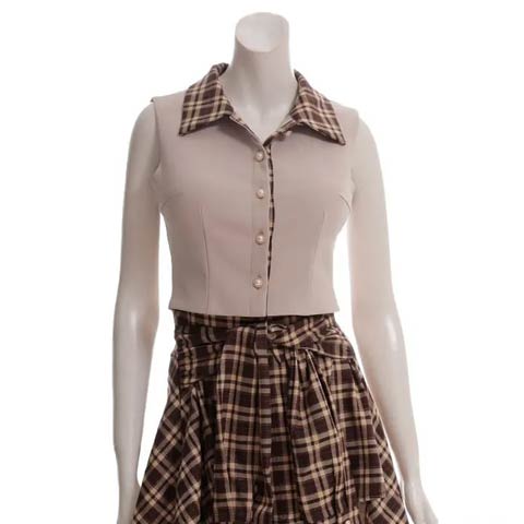 10/15新作!【ポイント20倍】[an]襟付きチェックフェイクスリーブAラインミニ丈セットアップキャバドレス[AOC-4003](ベージュ-XSサイズ)