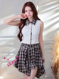 10/15新作!【ポイント20倍】[an]襟付きチェックフェイクスリーブAラインミニ丈セットアップキャバドレス[AOC-4003]