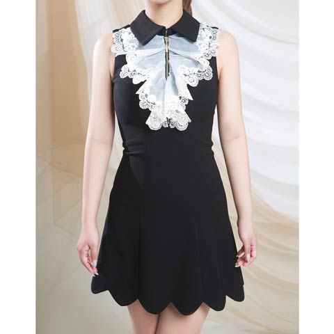 10/15新作!【ポイント20倍】[an]襟付きケミカルフリルレースファスナーAラインミニ丈キャバドレス[AOC-4003](ブラック-Sサイズ)