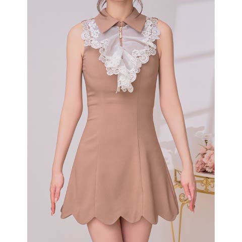 10/15新作!【ポイント20倍】[an]襟付きケミカルフリルレースファスナーAラインミニ丈キャバドレス[AOC-4003](ベージュ-Sサイズ)