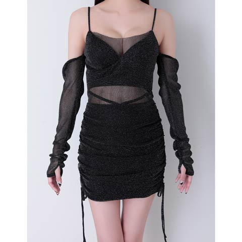 10/20新作!【ポイント20倍】[GLAMOROUS by Andy]ラメギャザーシアーコード2way袖タイトミニ丈キャバドレス[GMS-V894](ブラック-Sサイズ)