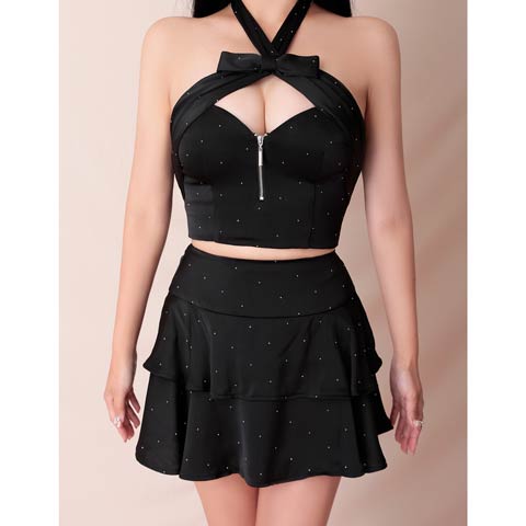 10/20新作!【ポイント20倍】[an]ファスナーホルターネックリボンビジュータイトミニ丈セットアップキャバドレス[AOC-3996](ブラック-Sサイズ)