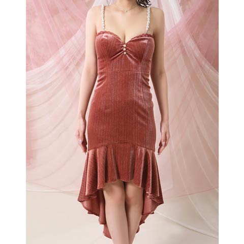 10/29新作!【ポイント20倍】[an]ベロアパールキャミソールフィッシュテールマーメイド膝丈キャバドレス[AOC-3985](ピンク-Sサイズ)