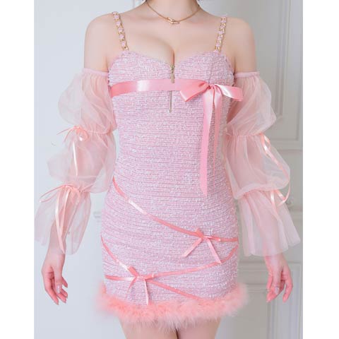 10/29新作!【ポイント20倍】[an]ショルダーチェーンジップリボンファー2way袖付きタイトミニ丈キャバドレス[AOC-4014](ピンク-Sサイズ)