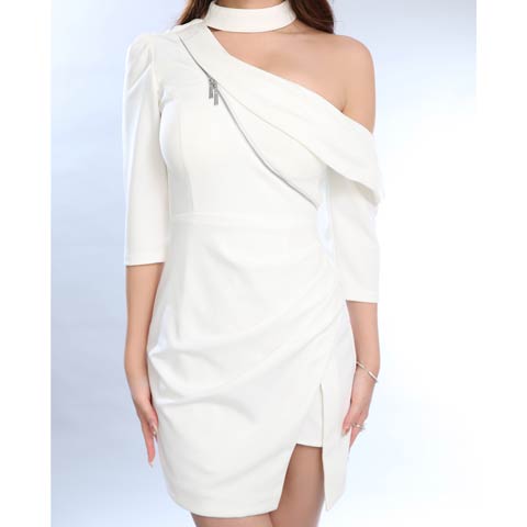 2/12再入荷!【ポイント20倍】[GLAMOROUS by Andy]チョーカー風ファスナーワンショルタイトミニ丈キャバドレス[GMS-V890](ホワイト-Sサイズ)