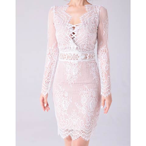 10/29新作!【ポイント20倍】[Andy]フラワーレースクロスデザインシアー長袖タイトミニ丈キャバドレス[AN-OK2673](ホワイト-Sサイズ)