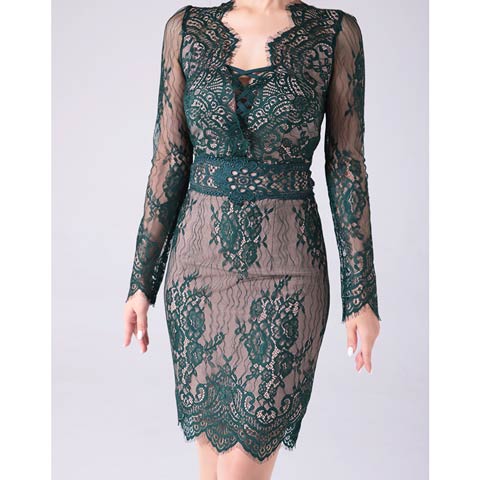 10/29新作!【ポイント20倍】[Andy]フラワーレースクロスデザインシアー長袖タイトミニ丈キャバドレス[AN-OK2673](グリーン-Sサイズ)