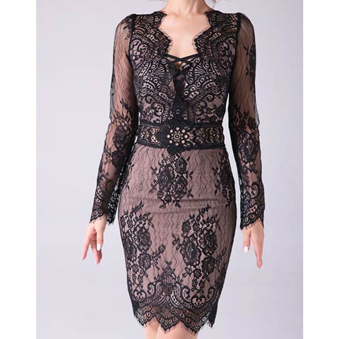 10/29新作!【ポイント20倍】[Andy]フラワーレースクロスデザインシアー長袖タイトミニ丈キャバドレス[AN-OK2673](ブラック-Sサイズ)