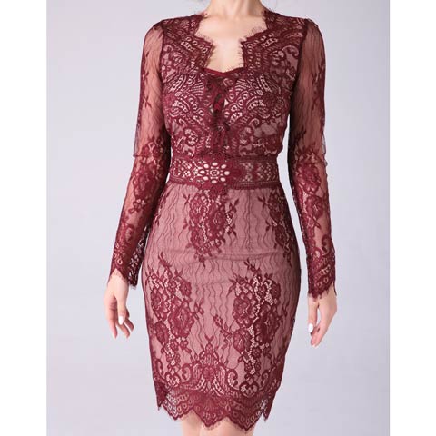 10/29新作!【ポイント20倍】[Andy]フラワーレースクロスデザインシアー長袖タイトミニ丈キャバドレス[AN-OK2673](ワインレッド-Sサイズ)