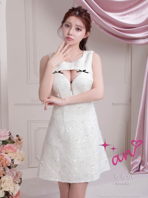 2/12再入荷!【ポイント20倍】[an]ツイードリボンスパンコールバストカットジップAラインミニ丈キャバドレス[AOC-4011]