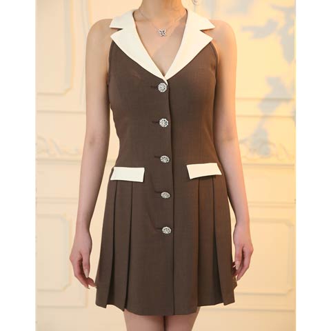 10/31新作!【ポイント20倍】[an]襟付きノースリーブビジューボタンサイドプリーツAラインミニ丈キャバドレス[AOC-4005](ブラウン×アイボリー-Sサイズ)