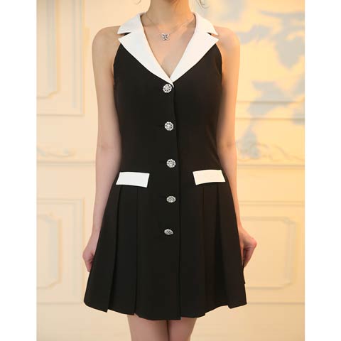 10/31新作!【ポイント20倍】[an]襟付きノースリーブビジューボタンサイドプリーツAラインミニ丈キャバドレス[AOC-4005](ブラック×ホワイト-Sサイズ)