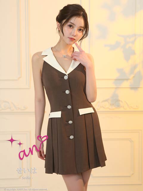 10/31新作!【ポイント20倍】[an]襟付きノースリーブビジューボタンサイドプリーツAラインミニ丈キャバドレス[AOC-4005]