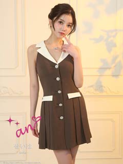 10/31新作!【ポイント20倍】[an]襟付きノースリーブビジューボタンサイドプリーツAラインミニ丈キャバドレス[AOC-4005]