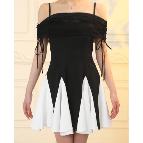 10/31新作!【ポイント20倍】[an]2wayドロストオフショルキャミソールAラインミニ丈キャバドレス[AOC-4006](ブラック×ホワイト-Sサイズ)