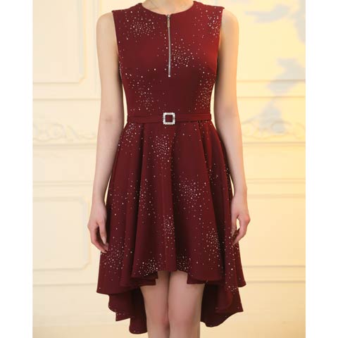 2/26再販!【ポイント20倍】[an]ノースリーブフロントジップビジューベルトフィッシュテールAラインミニ丈キャバドレス[AOC-4002](ワインレッド-XSサイズ)