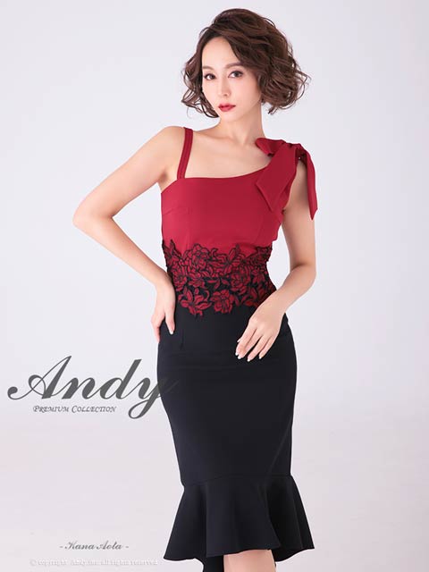 11/5新作!【ポイント20倍】[Andy]フラワー刺?アシンメトリーリボンショルダーマーメイド膝丈キャバドレス[AN-ON2686]