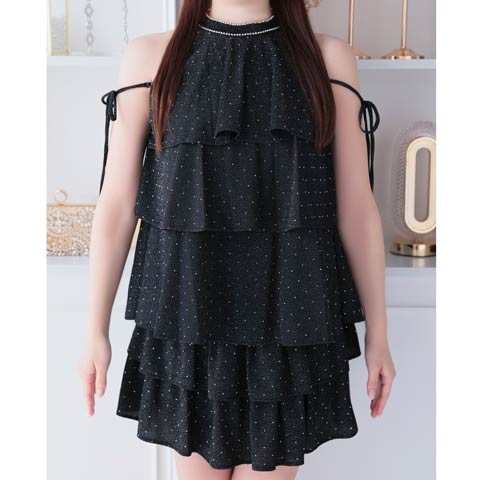 11/5新作!【ポイント20倍】[an]グリッターティアードアメスリリボンAラインミニ丈ドレス[AOC-4008](ブラック-Sサイズ)