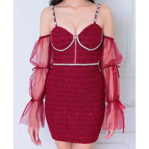 11/5新作!【ポイント20倍】[an]フロントジップラメツイードビジュー2way袖タイトミニ丈ドレス[AOC-3979](ワインレッド-Sサイズ)