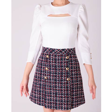 11/14新作!【ポイント20倍】[Andy]チェックツイード切り替えダブルボタン七分袖Aラインミニ丈キャバドレス[AN-OK2776](ホワイト×ネイビー-Sサイズ)