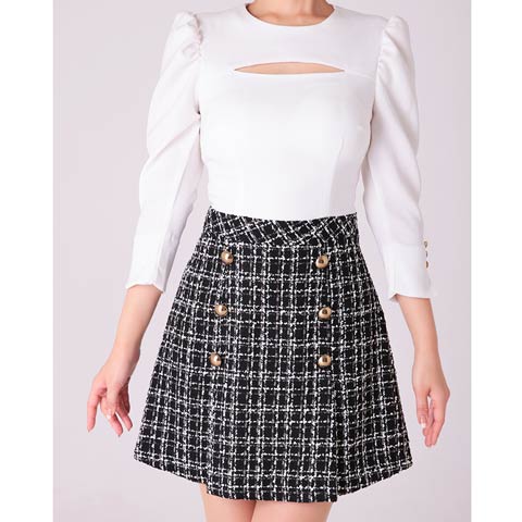 11/14新作!【ポイント20倍】[Andy]チェックツイード切り替えダブルボタン七分袖Aラインミニ丈キャバドレス[AN-OK2776](ホワイト×ブラック-Sサイズ)