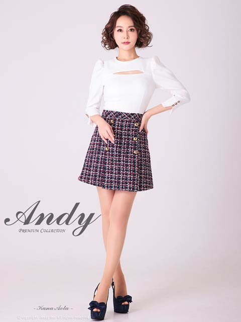 11/14新作!【ポイント20倍】[Andy]チェックツイード切り替えダブルボタン七分袖Aラインミニ丈キャバドレス[AN-OK2776]