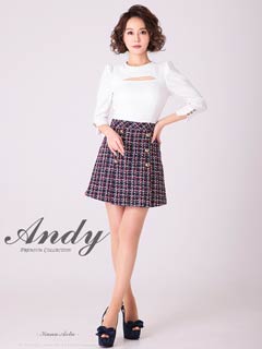 11/14新作!【ポイント20倍】[Andy]チェックツイード切り替えダブルボタン七分袖Aラインミニ丈キャバドレス[AN-OK2776]