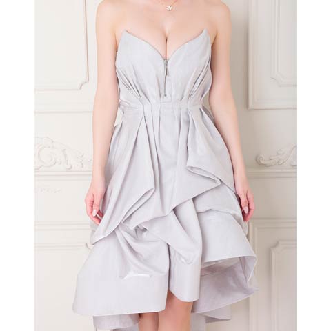 11/17新作!【ポイント20倍】[an]ボリュームドレープラッフルAライン膝丈キャバドレス[AOC-3950](グレー-Sサイズ)