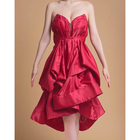 11/17新作!【ポイント20倍】[an]ボリュームドレープラッフルAライン膝丈キャバドレス[AOC-3950](レッド-Sサイズ)