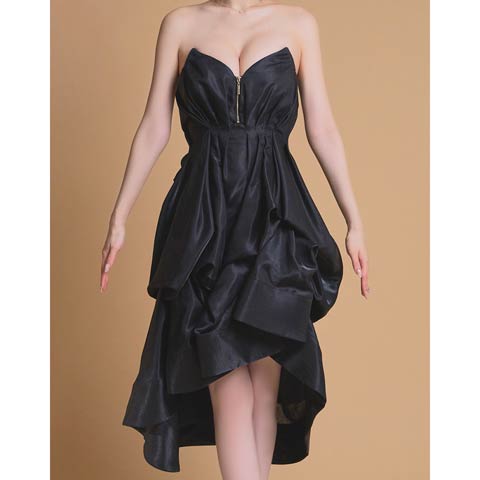 11/17新作!【ポイント20倍】[an]ボリュームドレープラッフルAライン膝丈キャバドレス[AOC-3950](ブラック-Sサイズ)