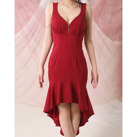 11/17新作!【ポイント20倍】[an]ファスナーオフショルチェーンマーメイド膝丈キャバドレス[AOC-3976](ワインレッド-Sサイズ)