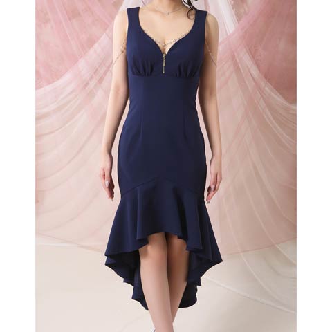 11/17新作!【ポイント20倍】[an]ファスナーオフショルチェーンマーメイド膝丈キャバドレス[AOC-3976](ネイビー-Sサイズ)