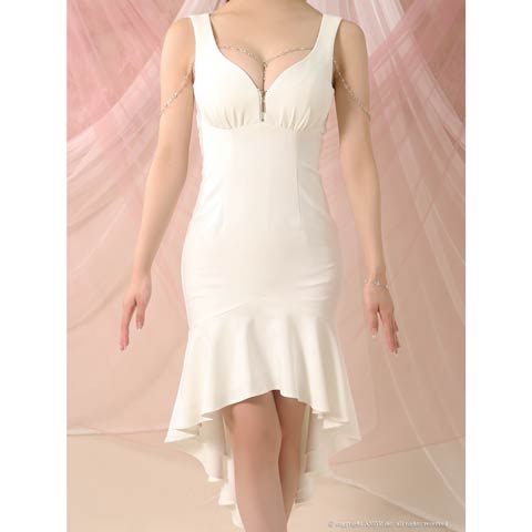 2/25再販!【ポイント20倍】[an]ファスナーオフショルチェーンマーメイド膝丈キャバドレス[AOC-3976](ホワイト-XSサイズ)