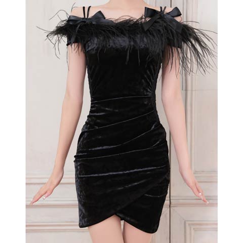 11/21新作![Andy]ベロアオフショルリボンフェザータイトミニ丈キャバドレス[AN-ON2879](ブラック-Sサイズ)