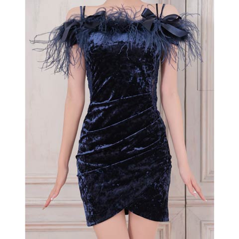 11/21新作![Andy]ベロアオフショルリボンフェザータイトミニ丈キャバドレス[AN-ON2879](ネイビー-Sサイズ)