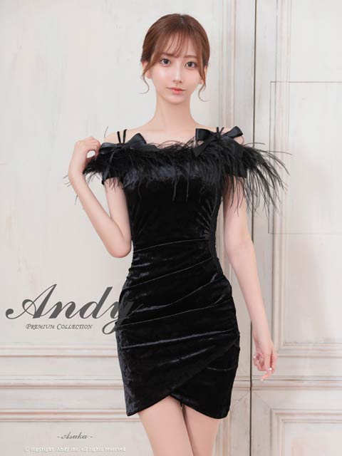 11/21新作![Andy]ベロアオフショルリボンフェザータイトミニ丈キャバドレス[AN-ON2879]