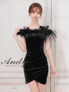 11/21新作![Andy]ベロアオフショルリボンフェザータイトミニ丈キャバドレス[AN-ON2879]
