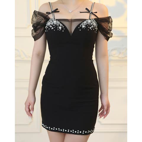 2/12再入荷!【今だけポイント20倍】[an]オフショルビジューリボンシアー袖タイトミニ丈キャバドレス[AOC-4021](ブラック-Sサイズ)