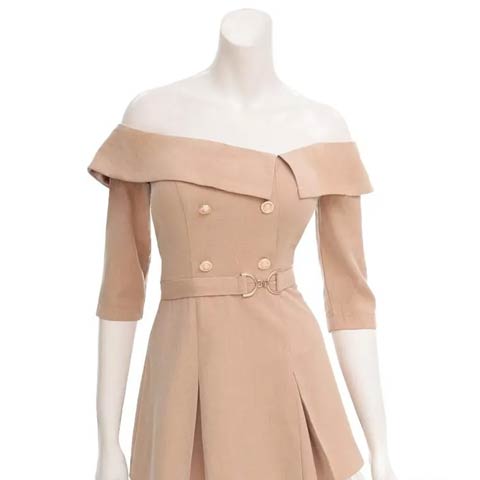 11/28新作!【今だけポイント20倍】[an]オフショル五分袖ストライププリーツAラインミニ丈キャバドレス[AOC-4018](ベージュ-Sサイズ)